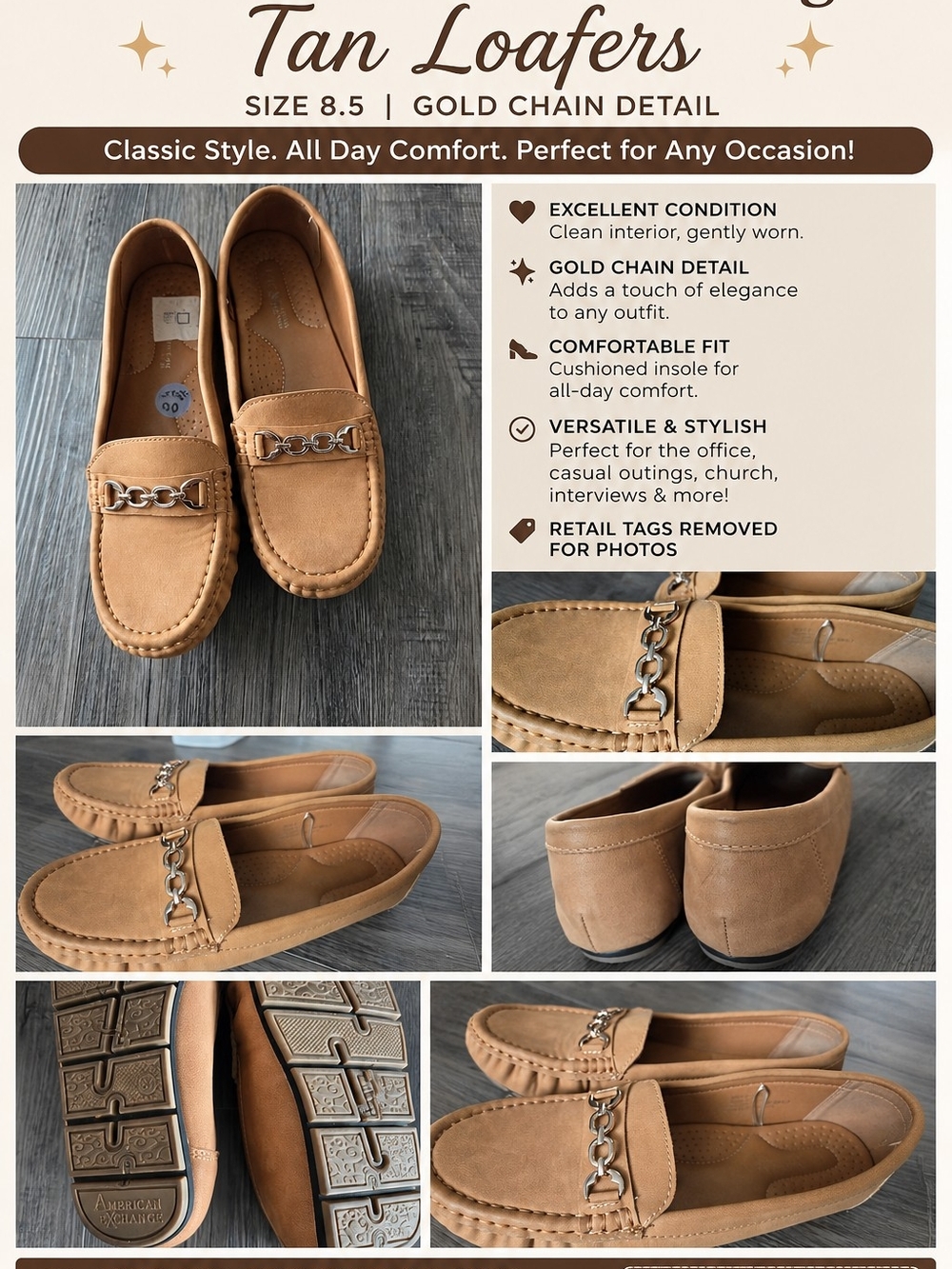 Tan Men’s Loafers with Gold Chain Detail